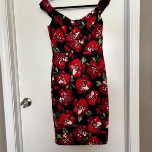Premier Black Midi Dress with Red Floral Print
